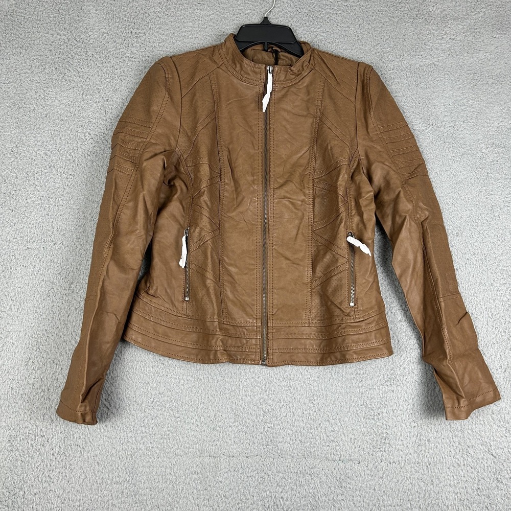 Lock & Love Jacket Womens Large Camel Moto Faux Leather Perforated Detail WJC746